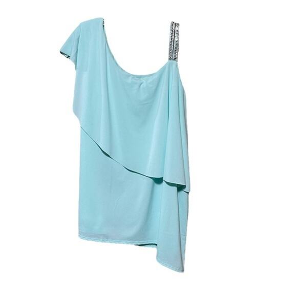 Belldini Flowy Ruffle Asymmetrical Rhinestone Mint Green 3X - Picture 4 of 7